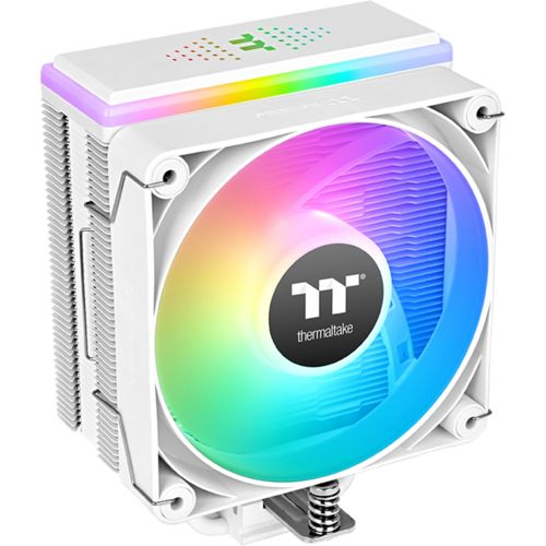 Dissipatore CPU per computer bianco con ventola e illuminazione RGB.