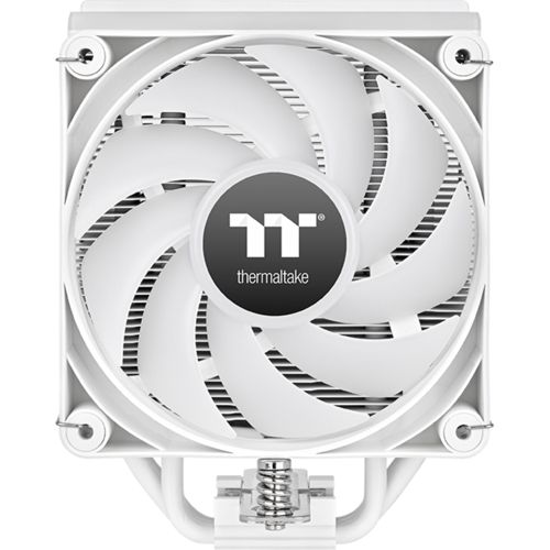 Un dissipatore per CPU bianco con logo Thermaltake centrale e pale bianche.