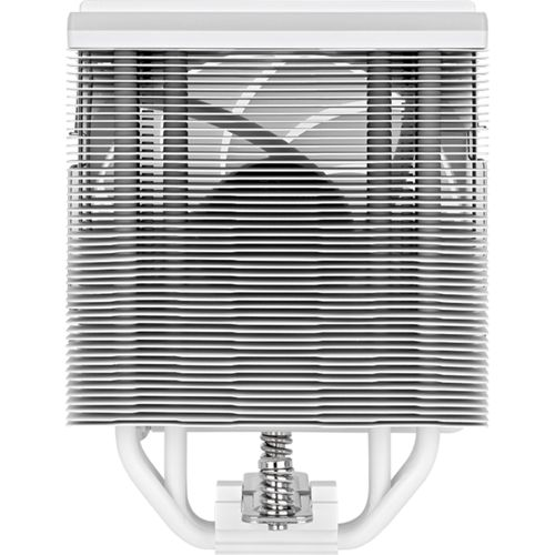 Un dissipatore per CPU bianco con alette in alluminio e ventola.