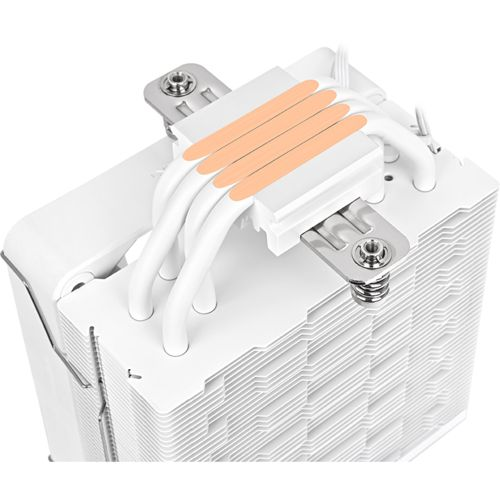 Dissipatore CPU bianco con heatpipe in rame e alette in alluminio.
