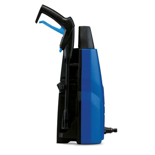 Idropulitrice blu con manico nero e attacco tubo, vista laterale.
