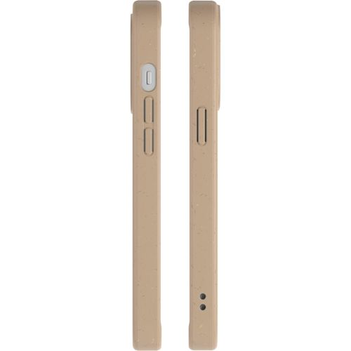 Zwei beige Handyhüllen nebeneinander, links mit Tasten, rechts mit Lautsprecheröffnungen.