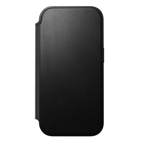 Custodia nera in pelle per smartphone, con cuciture sui bordi.