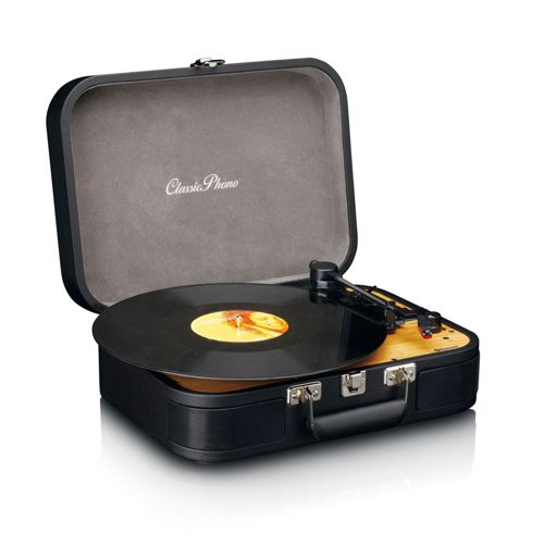 Giradischi nero in valigetta con disco in vinile e braccio.