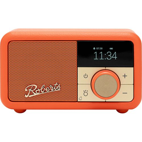 Una radio Roberts arancione con display digitale e manopola di controllo.