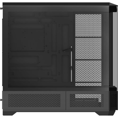 Un case per computer nero con frontale in vetro e griglia di ventilazione.