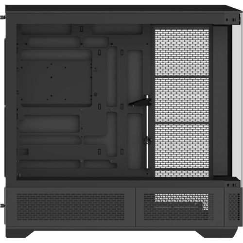 Case del computer nero con frontale in vetro e prese d'aria.
