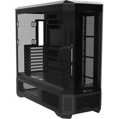 Case per computer nero con frontale in vetro e lati in mesh. Vuoto.