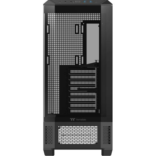 Case del computer nero con pannello laterale in vetro e griglie di ventilazione anteriori e posteriori.