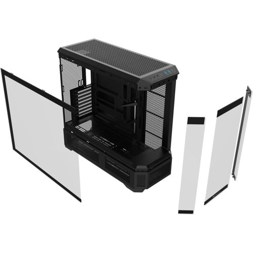 Un case per computer nero con pannelli laterali in vetro staccati.