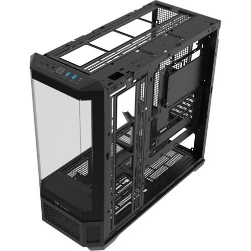 Case del computer nero con pannello laterale in vetro e componenti interni visibili.