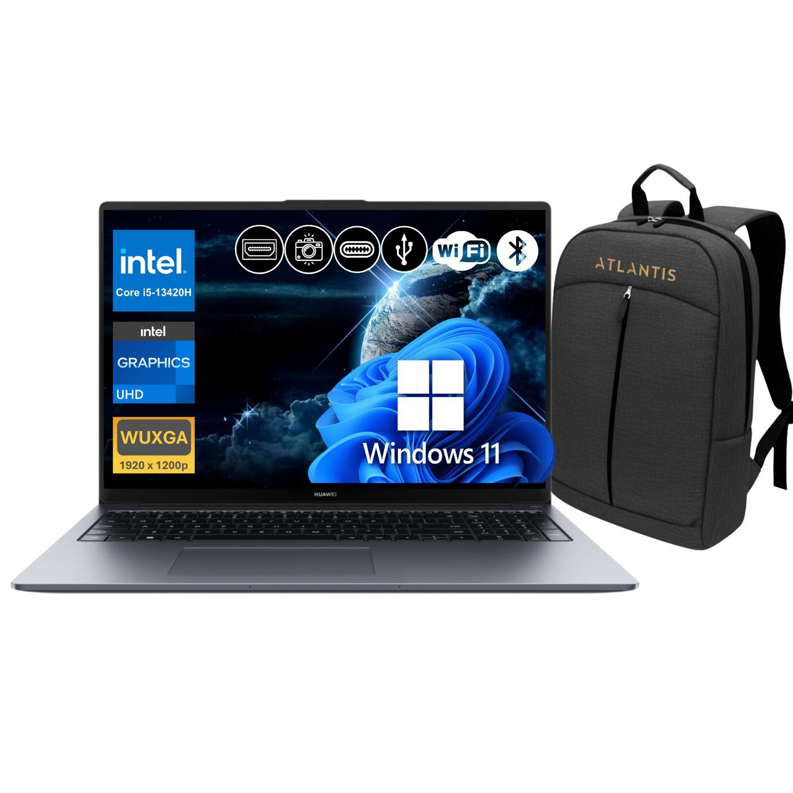 Intel Core i5 ve Windows 11'li gri Huawei dizüstü bilgisayar, gri Atlantis sırt çantası yanında.