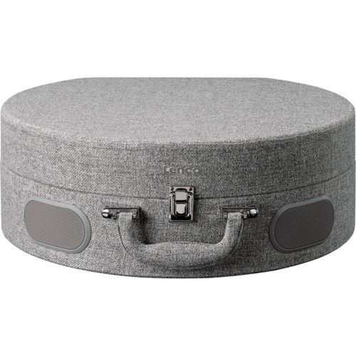 A gray fabric suitcase-style record player with a handle and two speakers.