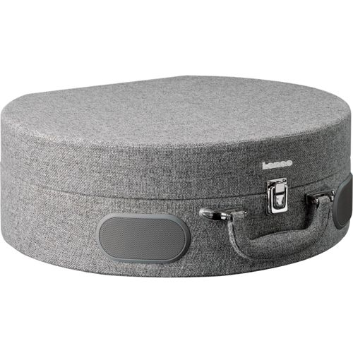 Gray suitcase with handle and speakers, vintage style.