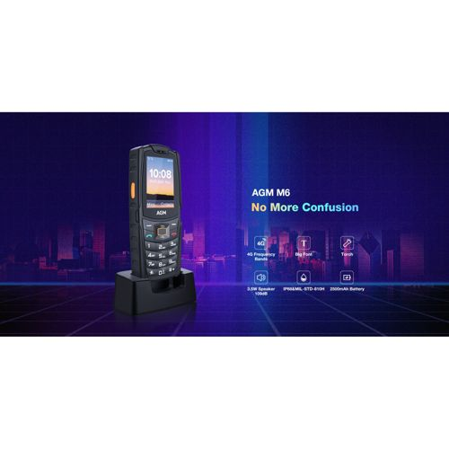 Wytrzymały czarny telefon AGM M6 w podstawie ładującej z podświetleniem.