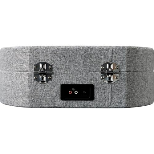 Gray case with two silver latches and audio jacks.