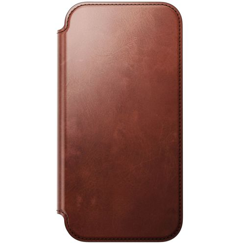 Custodia marrone in pelle per smartphone con bordi cuciti.