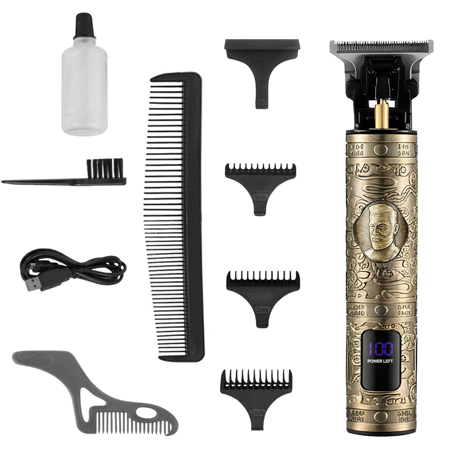 Ein goldener Haartrimmer mit Zubehör: Kämme, Bürste, Ölflasche, USB-Kabel und Aufsätze.