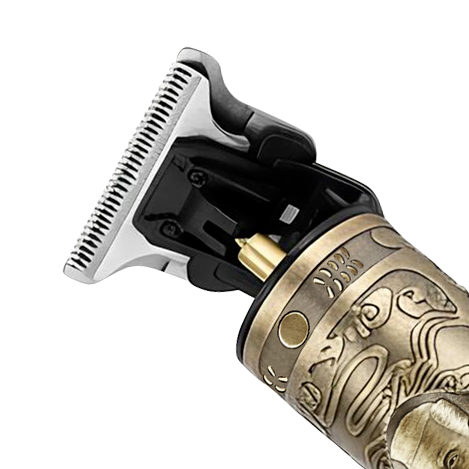 Nahaufnahme eines detaillierten silbernen Trimmers mit schwarzem und goldenem Griff.