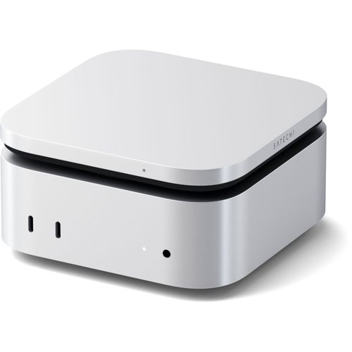 Un computer bianco Satechi con accenti argentati è poggiato su uno sfondo bianco.