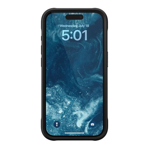 iPhone nero con sfondo astratto blu scuro che mostra l'ora 5:01.