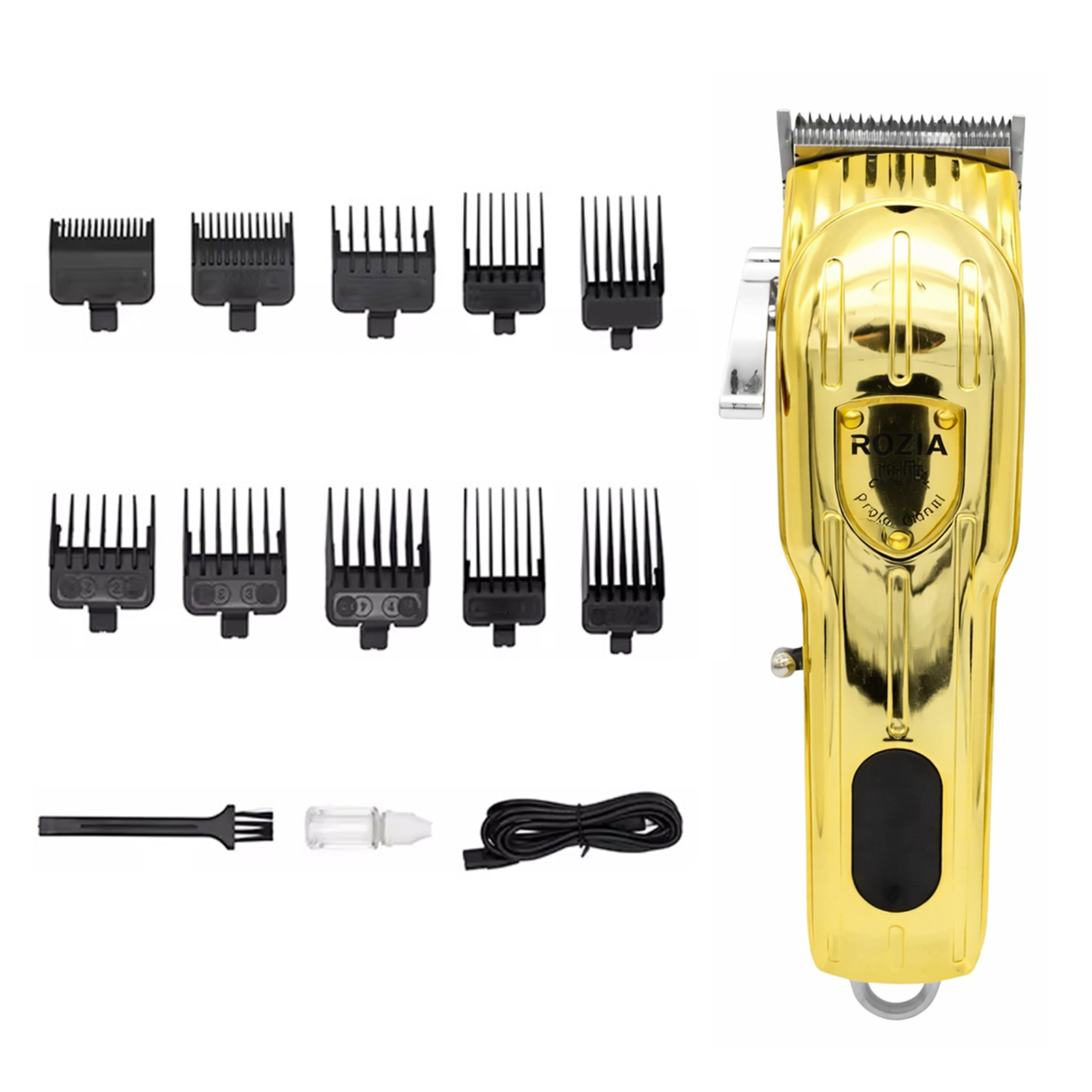 Goldene Haarschneidemaschinen-Set mit Kämmen, Bürste, Öl und Ladekabel.