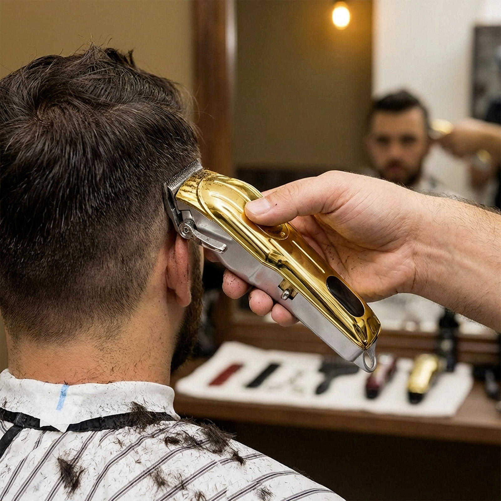 Ein Friseur benutzt einen gold-silbernen elektrischen Haarschneider am Kopf eines Mannes. Haarabschnitte auf Hemd.