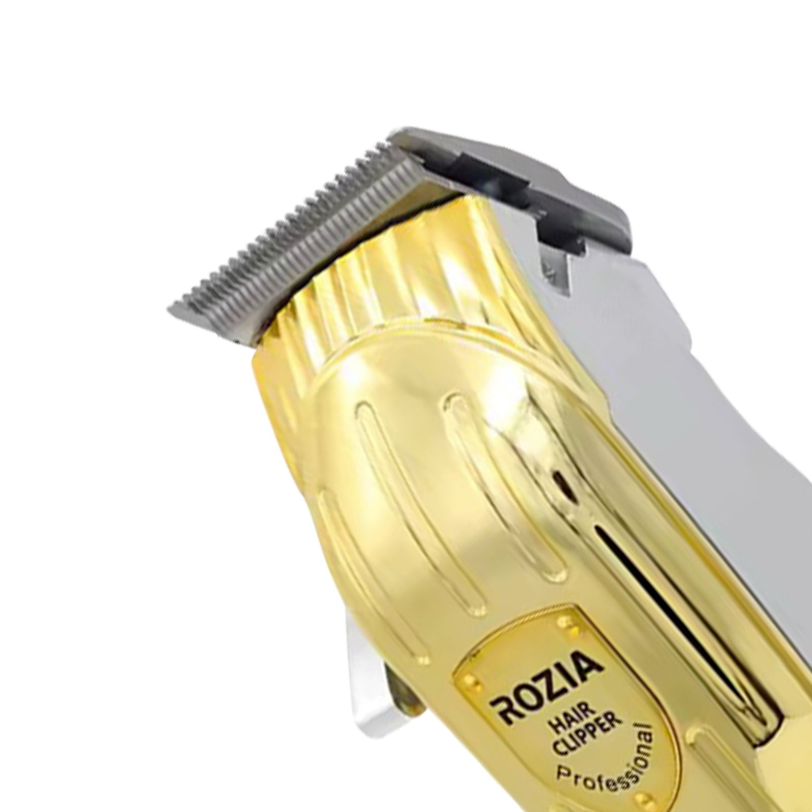 Nahaufnahme eines goldenen Haarschneiders mit silbernen Klingen und dem Markennamen ROZIA.