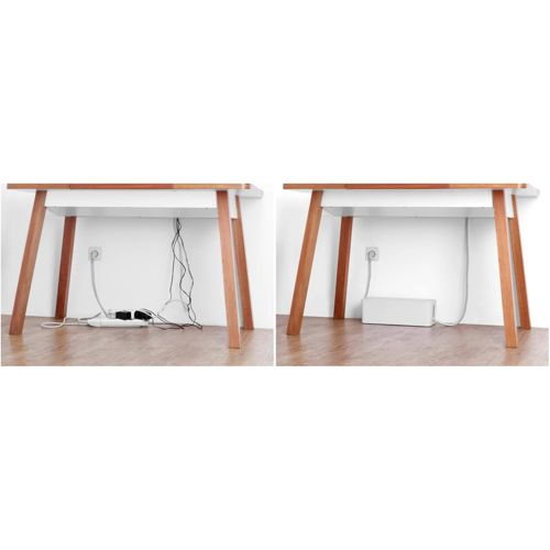 Chaotische Kabel unter dem Schreibtisch links, ordentliche Kabelbox rechts.