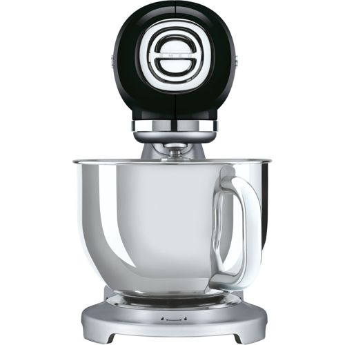 Un robot de cocina negro con bol y base plateados.