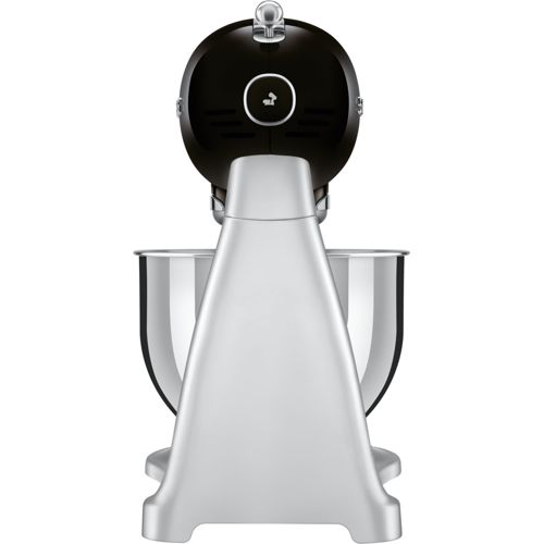 Un robot de cocina negro con base plateada y bol de metal.