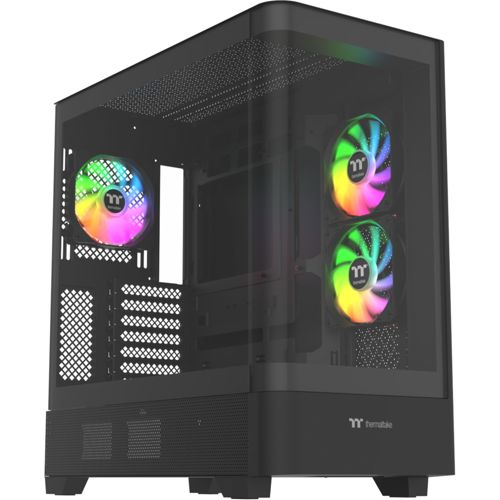 Un case PC nero con tre ventole RGB. Due ventole visibili a destra, una a sinistra.