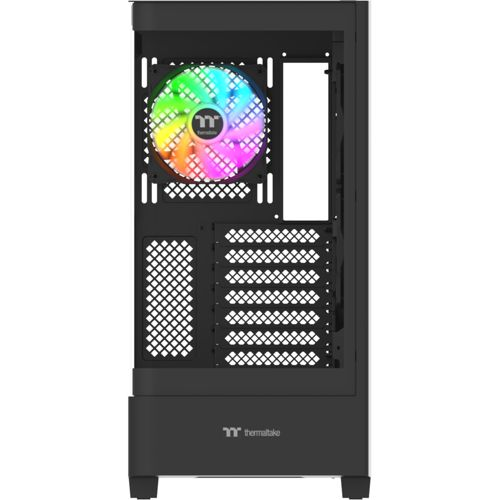 Un case per computer nero con una ventola RGB colorata visibile all'interno.