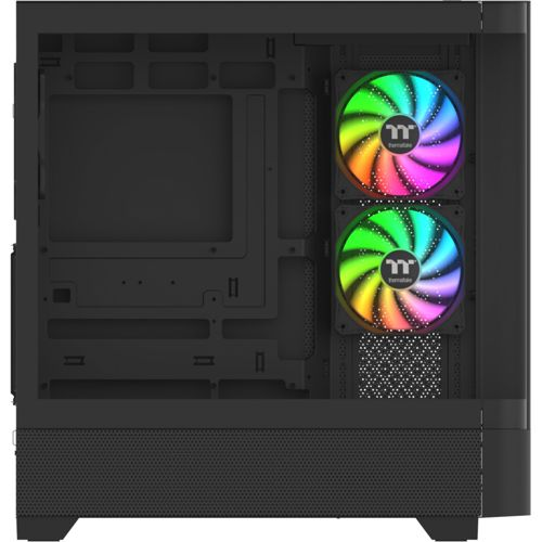 Interno case PC nero con due ventole RGB arcobaleno e punti di montaggio.