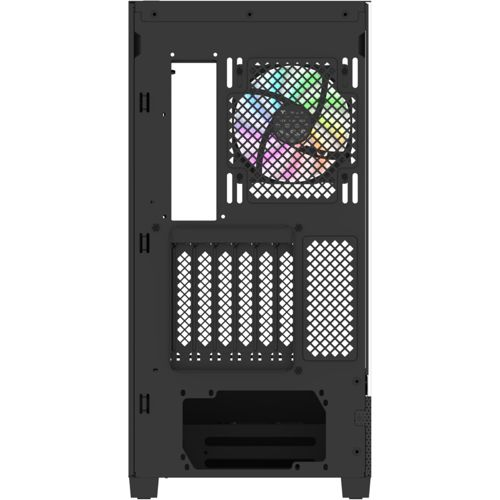 Retro di un case per PC nero con ventola RGB e griglia di ventilazione.