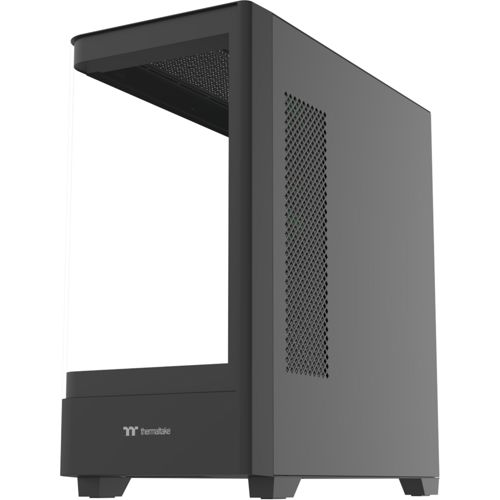 Un case per computer nero con pannello frontale in vetro e griglia di ventilazione.