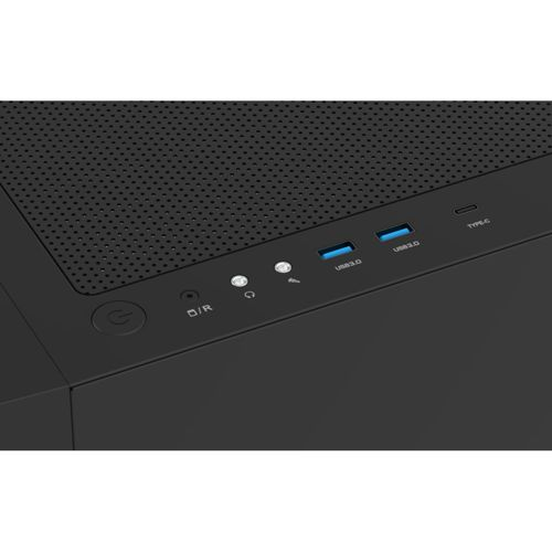 Pannello frontale case PC nero con porte di alimentazione, USB 3.0 e Type-C.