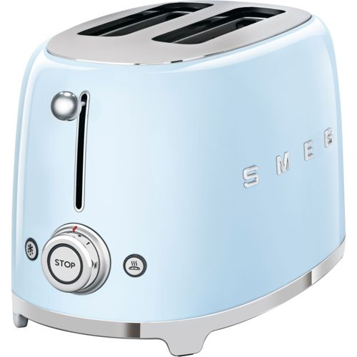 Ein blauer SMEG-Toaster mit Chromdetails und Bedienelementen.