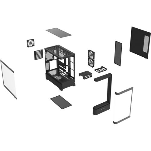 Telaio smontato di case PC nero con componenti, isolato su sfondo bianco.