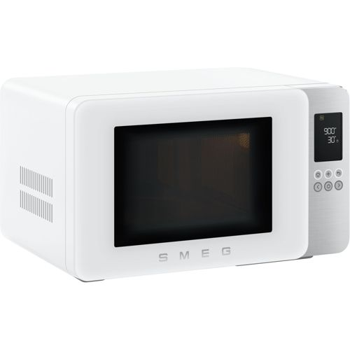 Ein weißer SMEG Mikrowellenherd mit silbernen Bedienelementen und einem digitalen Display.