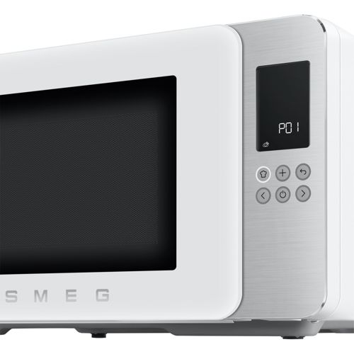 Eine weiße SMEG-Mikrowelle mit digitalem Display und Bedienelementen.