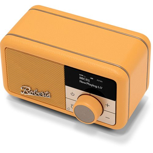 An orange retro radio with silver accents and a digital display screen.