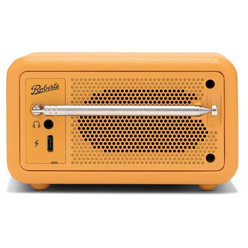 An orange Roberts radio with a retractable antenna and ports.