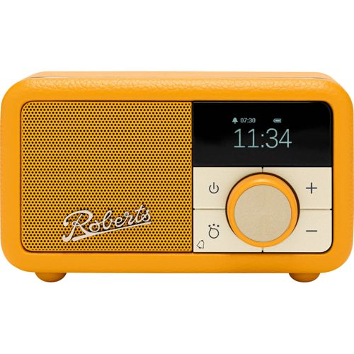 A yellow Roberts radio featuring a speaker, screen, and control buttons.
