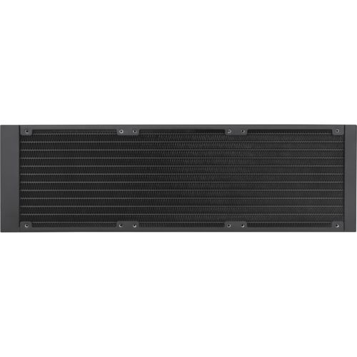 Schwarzer, rechteckiger Radiator mit feinen Lamellen und Schraubenlöchern an den Rändern.