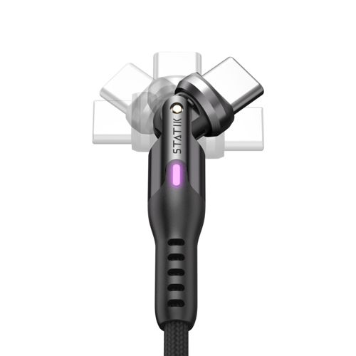 Ein schwarzes Ladekabel mit drehbarem Kopf und lila LED.