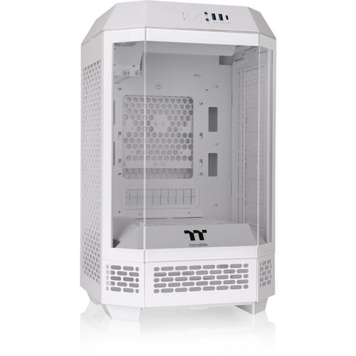 Case per computer bianco con pannelli in vetro e prese d'aria.