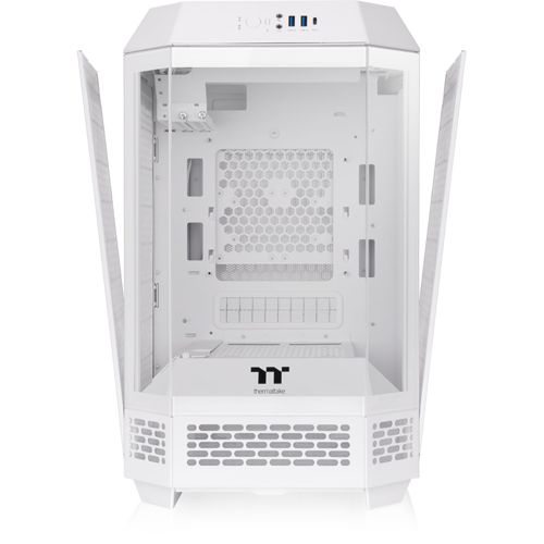 Un case per computer bianco con pannelli laterali in vetro e porte I/O anteriori.