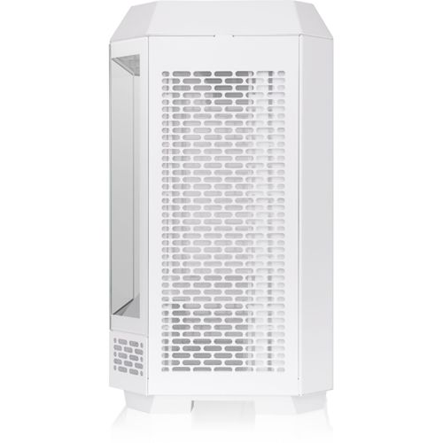 Un case bianco per computer con finestra in vetro e pannelli laterali ventilati.