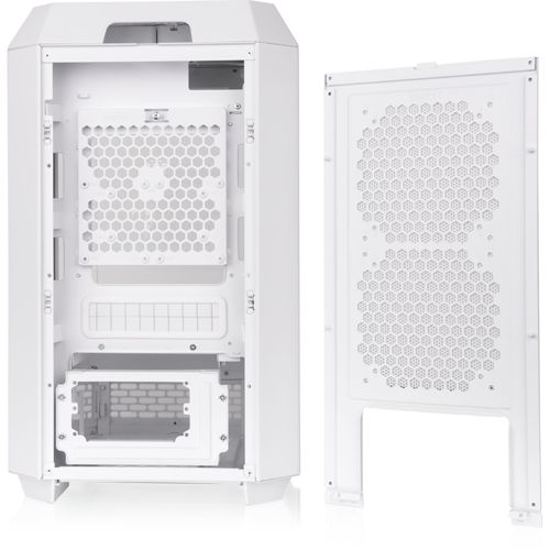 Un case per computer bianco con il pannello laterale rimosso, che mostra i componenti interni.